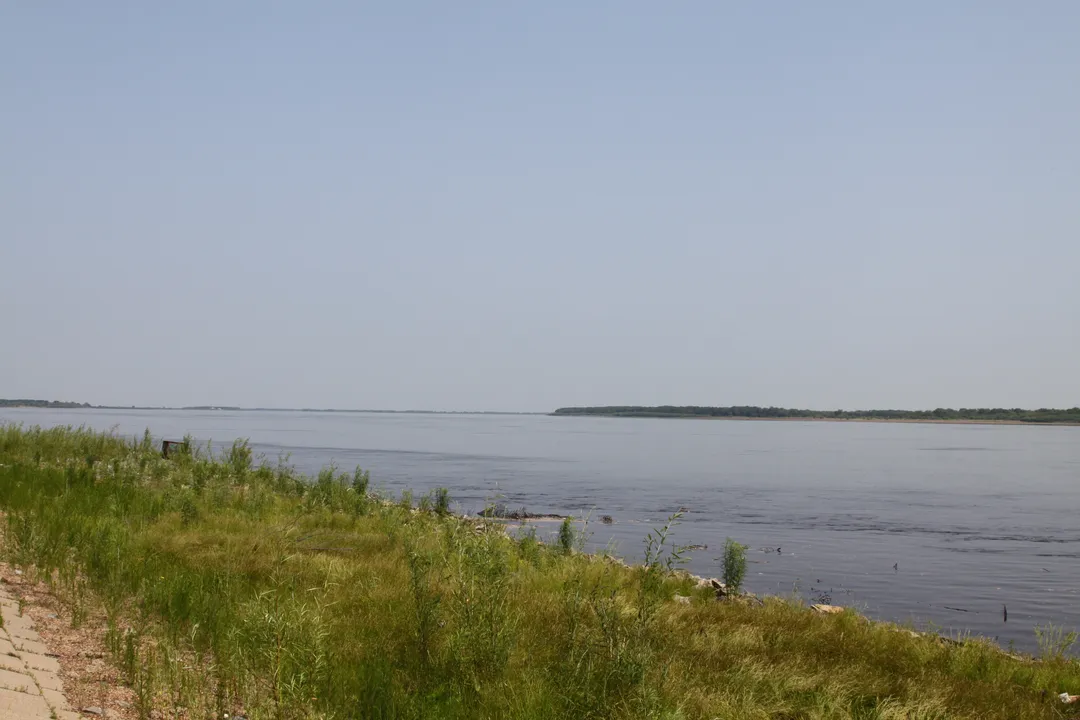 The wide Heilongjiang (Amur) river with a grassy bank in the foreground, a faded footpath at left and a tree-lined far shore under a hazy sky