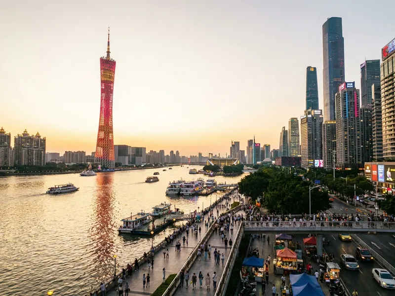 The Canton Tower and the illuminated Pearl River skyline in Guangzhou at night