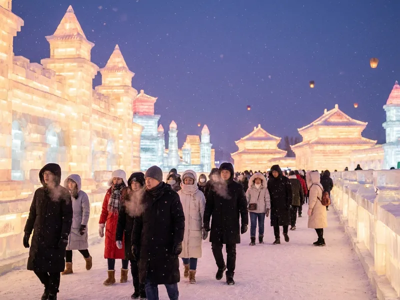 Illuminated ice sculptures at the Harbin International Ice and Snow Sculpture Festival, January