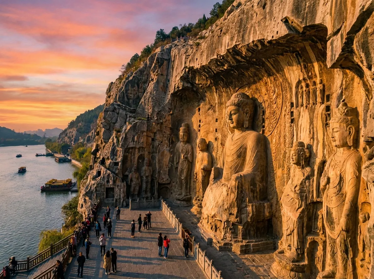 Longmen Grottoes near Luoyang, with Buddhist statues carved into the limestone cliffs along the Yi River