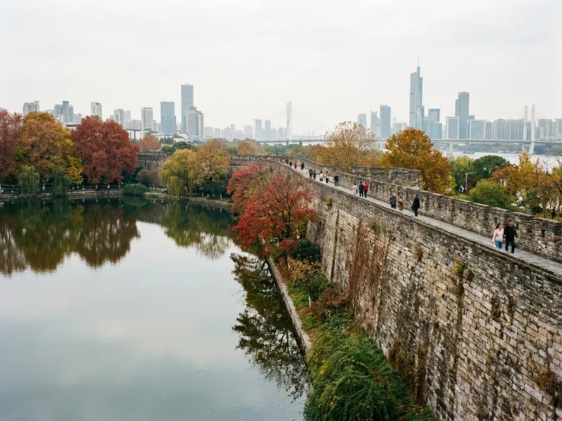Nanjing City Wall (Ming dynasty) viewed from the ramparts, with Xuanwu Lake in the distance